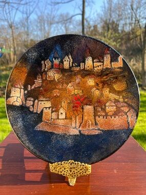 Vintage MCM Dekor Zagreb Enamel on Copper Old World Castle Village Wall Hanging